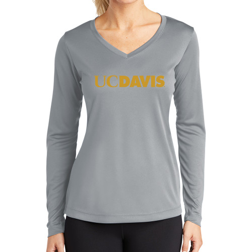  Womens Grey Performance Long Sleeve V Neck Shirt - UC DAVIS