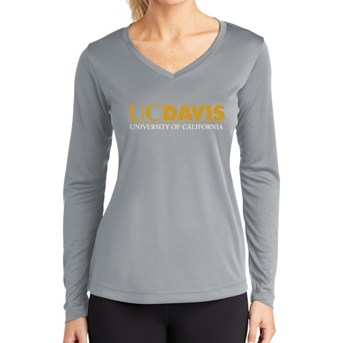  Womens Grey Performance Long Sleeve V Neck Shirt - UC DAVIS U of C