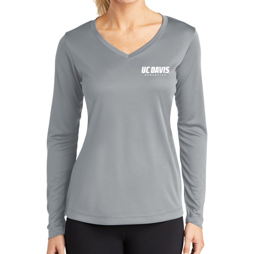  Womens Grey Performance Long Sleeve V Neck Shirt - Primary Athletics Mark