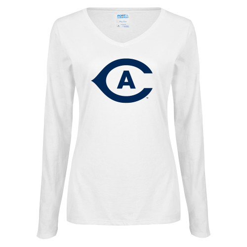  Womens White Long Sleeve V Neck Tee - Secondary Athletics Mark