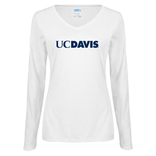  Womens White Long Sleeve V Neck Tee - UC DAVIS