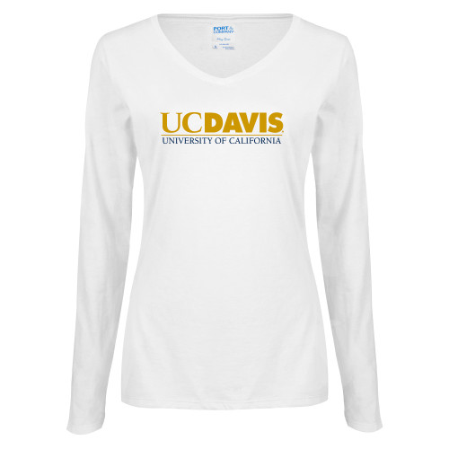  Womens White Long Sleeve V Neck Tee - UC DAVIS U of C