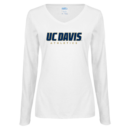  Womens White Long Sleeve V Neck Tee - Primary Athletics Mark