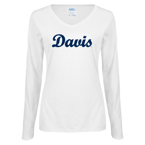  Womens White Long Sleeve V Neck Tee - Script Davis