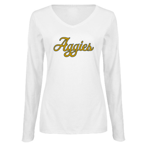  Womens White Long Sleeve V Neck Tee - Aggies Script