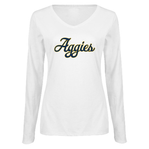  Womens White Long Sleeve V Neck Tee - Aggies Script