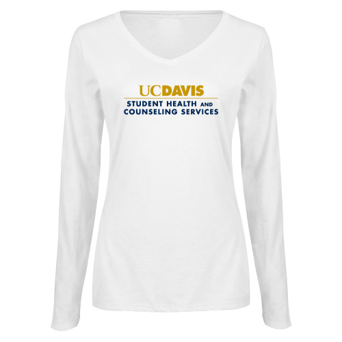  Womens White Long Sleeve V Neck Tee  - UC Davis Student Health and Counseling Services Centered