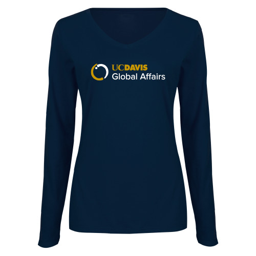  Womens Navy Long Sleeve V Neck Tee  - UC Davis Global Affairs Flat