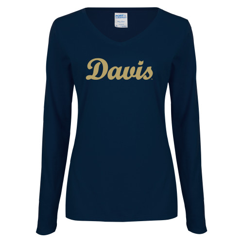  Womens Navy Long Sleeve V Neck Tee - Script Davis