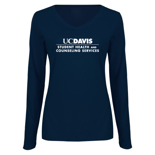  Womens Navy Long Sleeve V Neck Tee  - UC Davis Student Health and Counseling Services Centered
