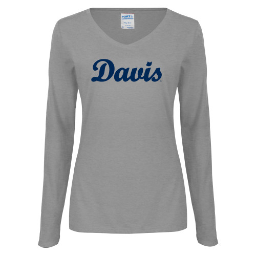  Womens Grey Long Sleeve V Neck Tee  - Script Davis
