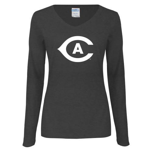  Womens Dark Heather Long Sleeve V Neck Tee  - Secondary Athletics Mark