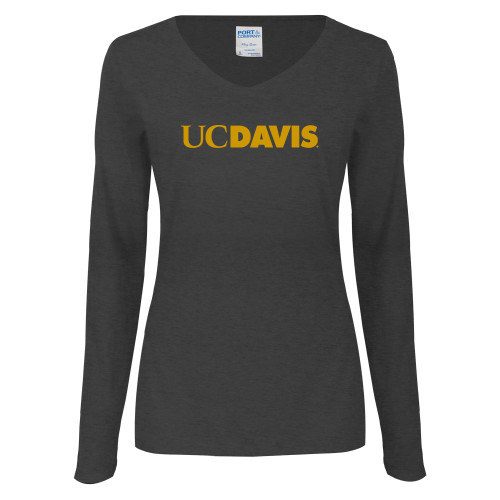 Womens Dark Heather Long Sleeve V Neck Tee  - UC DAVIS