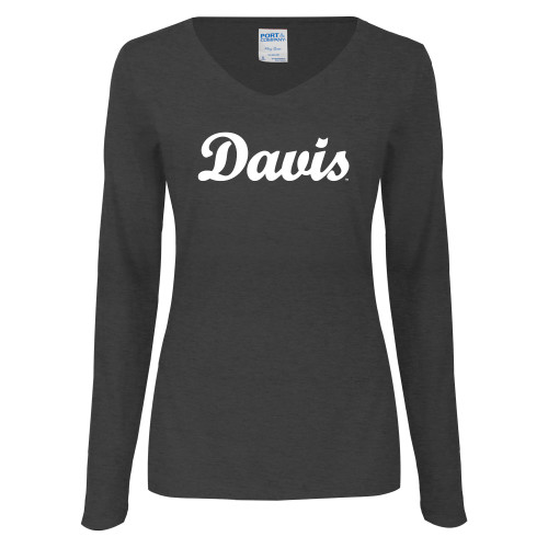  Womens Dark Heather Long Sleeve V Neck Tee  - Script Davis