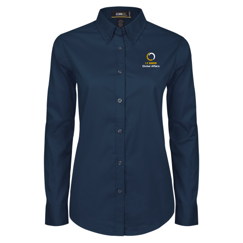  Womens Navy Twill Button Down Long Sleeve  - UC Davis Global Affairs Stacked