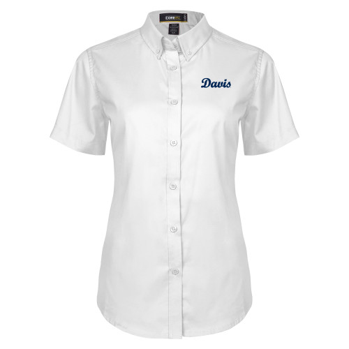  Womens White Twill Button Up Short Sleeve - Script Davis