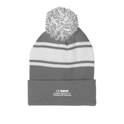  Grey/White Two Tone Knit Pom Beanie w/Cuff - UC Davis Student Health and Counseling Services Centered