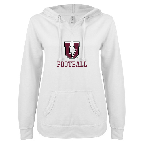  ENZA Womens White V Notch Raw Edge Fleece Hoodie - Bolt U Mark - Football