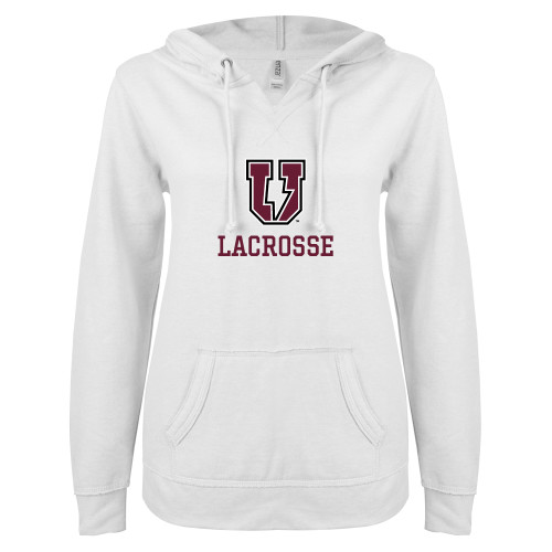  ENZA Womens White V Notch Raw Edge Fleece Hoodie - Bolt U Mark - Lacrosse