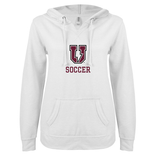  ENZA Womens White V Notch Raw Edge Fleece Hoodie - Bolt U Mark - Soccer