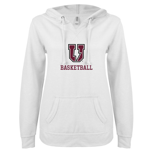  ENZA Womens White V Notch Raw Edge Fleece Hoodie - Bolt U Mark - Basketball