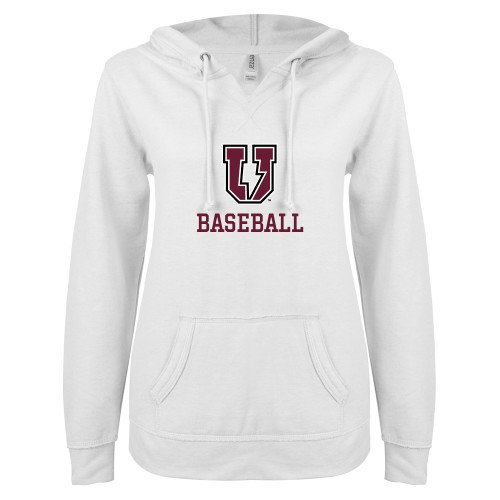  ENZA Womens White V Notch Raw Edge Fleece Hoodie - Bolt U Mark - Baseball
