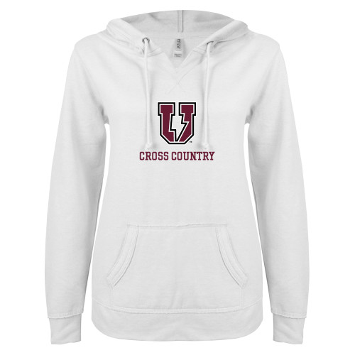  ENZA Womens White V Notch Raw Edge Fleece Hoodie - Bolt U Mark - Cross Country