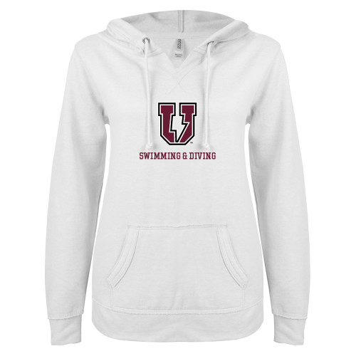  ENZA Womens White V Notch Raw Edge Fleece Hoodie - Bolt U Mark - Swimming and Diving