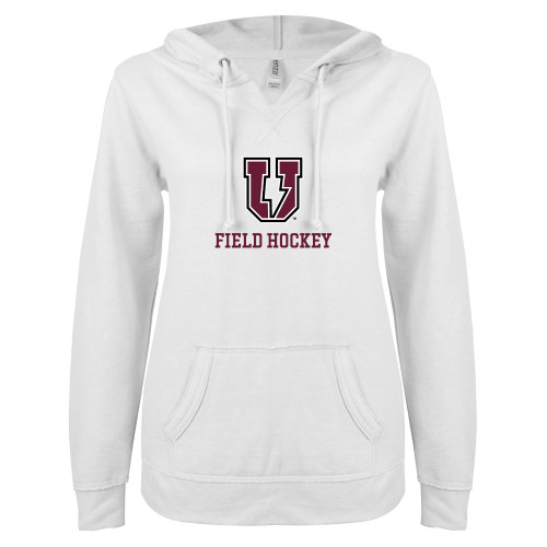  ENZA Womens White V Notch Raw Edge Fleece Hoodie - Bolt U Mark - Field Hockey