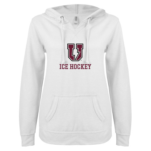  ENZA Womens White V Notch Raw Edge Fleece Hoodie - Bolt U Mark - Ice Hockey