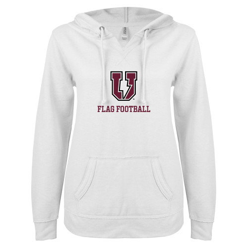  ENZA Womens White V Notch Raw Edge Fleece Hoodie - Bolt U Mark - Flag Football