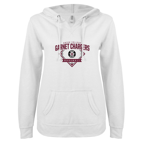  ENZA Womens White V Notch Raw Edge Fleece Hoodie - Garnet Chargers Baseball
