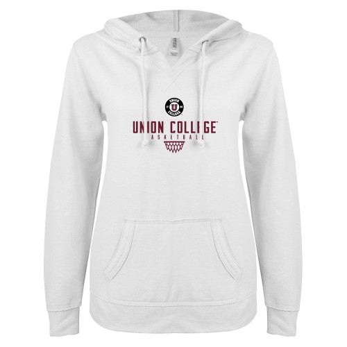  ENZA Womens White V Notch Raw Edge Fleece Hoodie - Union College Basketball