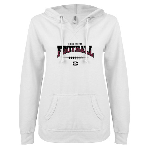  ENZA Womens White V Notch Raw Edge Fleece Hoodie - Union College Football