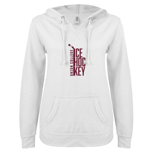  ENZA Womens White V Notch Raw Edge Fleece Hoodie - Union College Ice Hockey