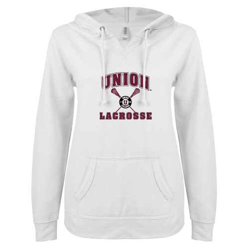  ENZA Womens White V Notch Raw Edge Fleece Hoodie - Union Lacrosse