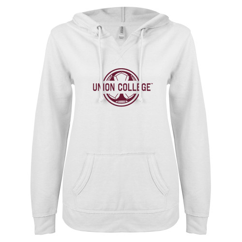  ENZA Womens White V Notch Raw Edge Fleece Hoodie - Union College Soccer