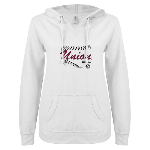  ENZA Womens White V Notch Raw Edge Fleece Hoodie - Union Softball