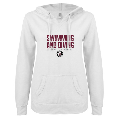 ENZA Womens White V Notch Raw Edge Fleece Hoodie - Garnet Chargers Swimming and Diving