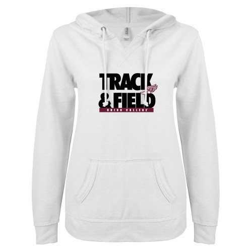  ENZA Womens White V Notch Raw Edge Fleece Hoodie - Union College Track and Field