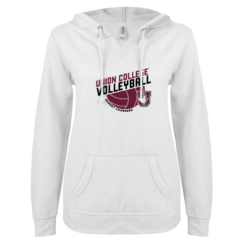  ENZA Womens White V Notch Raw Edge Fleece Hoodie - Union College Volleyball