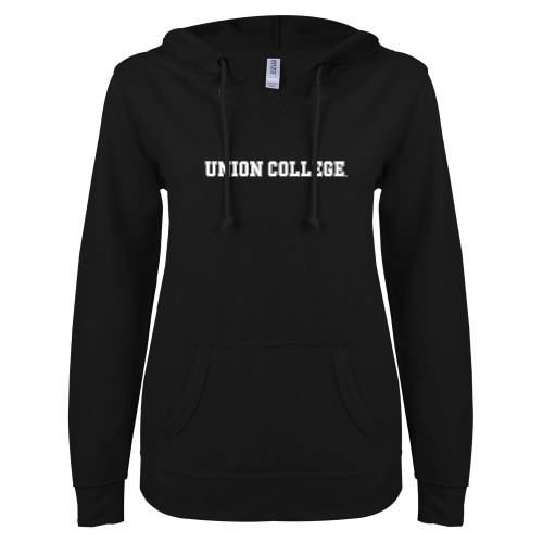  ENZA Womens Black V Notch Raw Edge Fleece Hoodie - Union College Wordmark