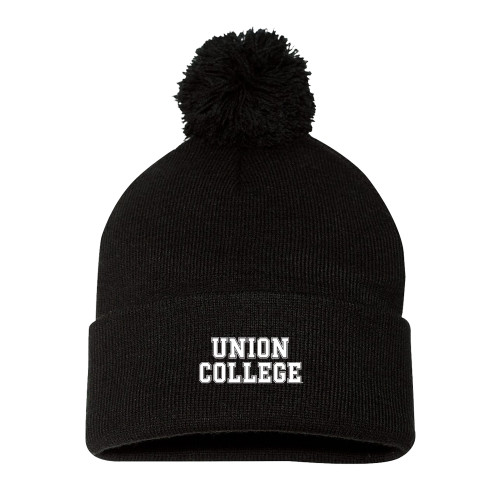  Sportsman Black Pom Pom Cuffed Beanie - Union College Athletic Word Mark