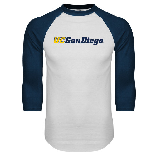  White/Navy Raglan Baseball T Shirt - UC San Diego Wordmark