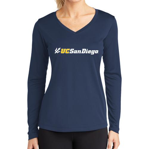  Womens Navy Performance Long Sleeve V Neck Shirt - UC San Diego Primary Mark