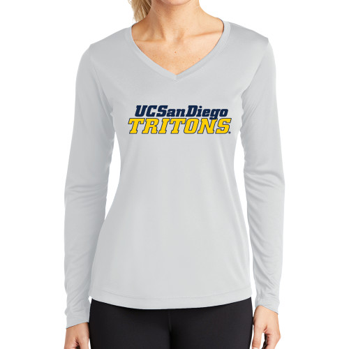  Womens White Performance Long Sleeve V Neck Shirt - UC San Diego Tritons Mark