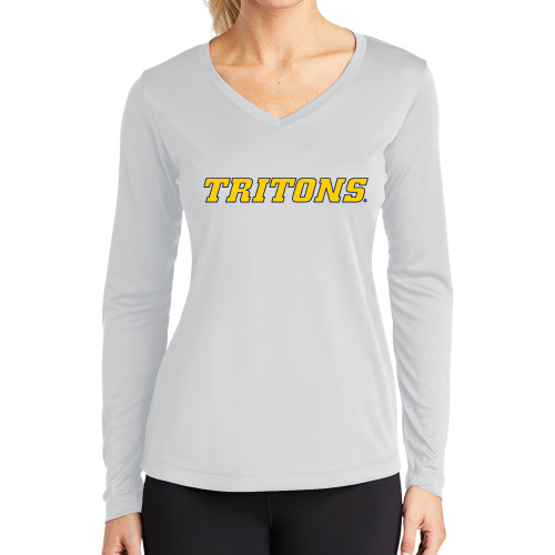  Womens White Performance Long Sleeve V Neck Shirt - Tritons Wordmark