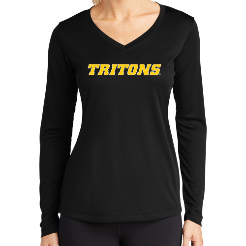  Womens Black Performance Long Sleeve V Neck Shirt - Tritons Wordmark