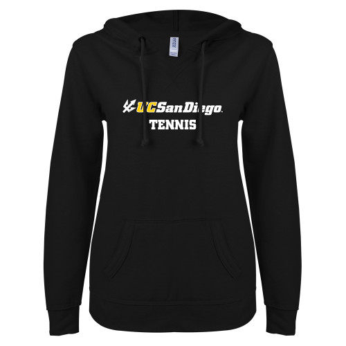  ENZA Womens Black V Notch Raw Edge Fleece Hoodie - Tennis