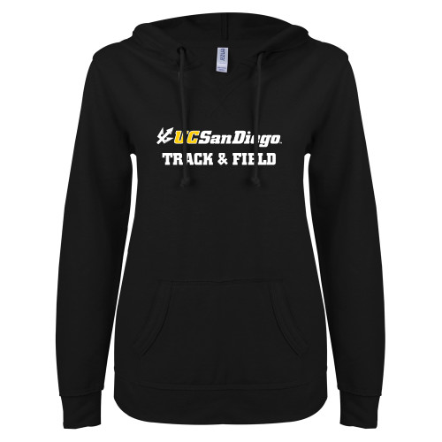  ENZA Womens Black V Notch Raw Edge Fleece Hoodie - Track and Field